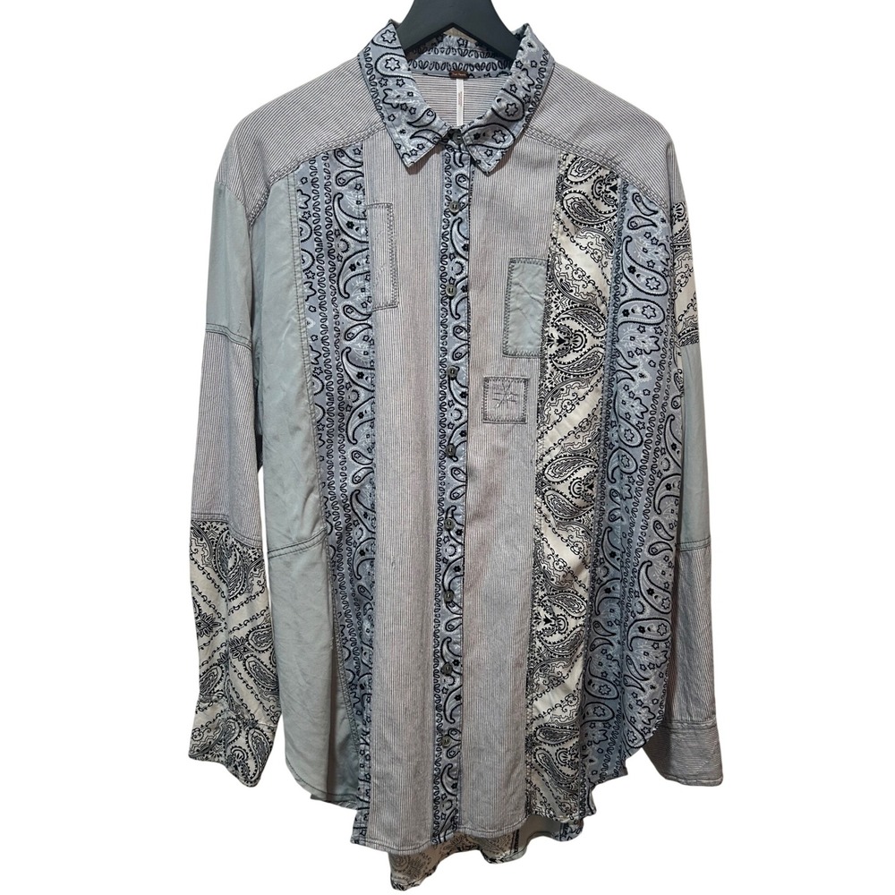 Free People Patchwork Distressed Striped Long Sle… - image 4